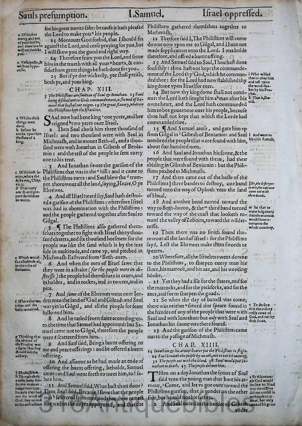 1612 Geneva Bible Folio- Book of First Samuel Leaves - Image 10