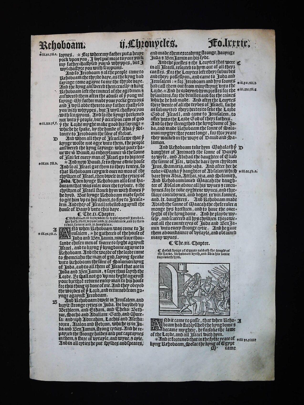 1541 Great Bible Book of Second Chronicles 10:11-13:15 Engraving of the King of Egypt - Image 2