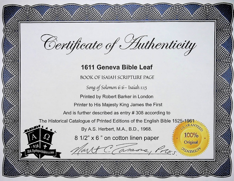 1611 GENEVA BIBLE FRAMED LEAF - BOOK OF ISAIAH TITLE PAGE - Image 4