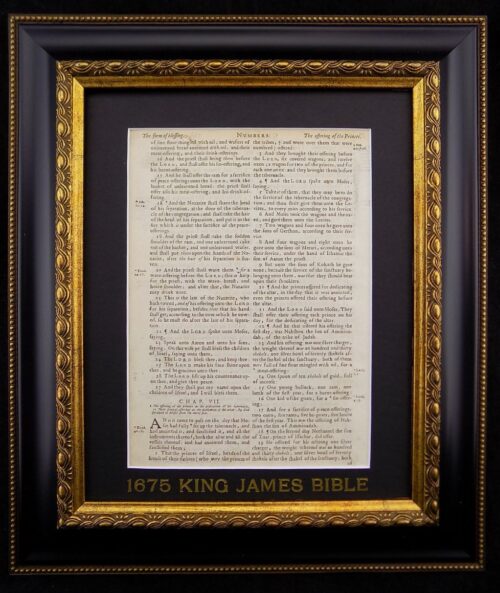1675 FIRST OXFORD EDITION KING JAMES BIBLE FRAMED LEAF, BOOK of NUMBERS 5-7, The Lord Bless Thee & Keep Thee