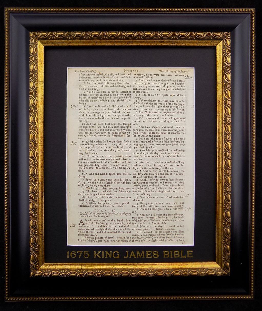 1675 FIRST OXFORD EDITION KING JAMES BIBLE FRAMED LEAF, BOOK of NUMBERS 5-7, The Lord Bless Thee & Keep Thee