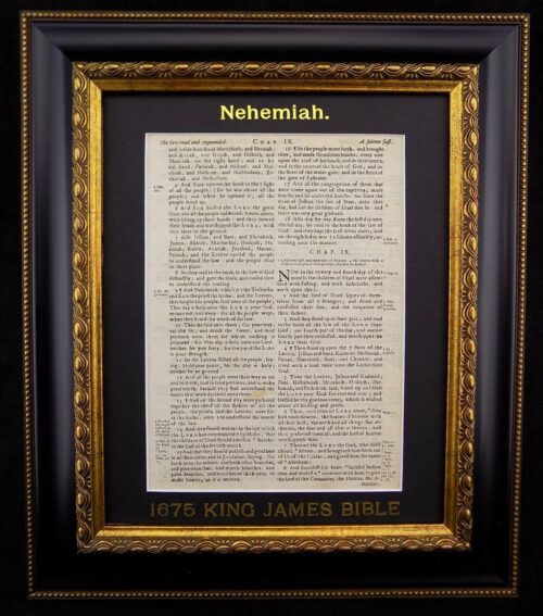 1675 FIRST OXFORD EDITION KING JAMES BIBLE FRAMED LEAF, BOOK of NEHEMIAH- The Joy of the Lord is Your Strength