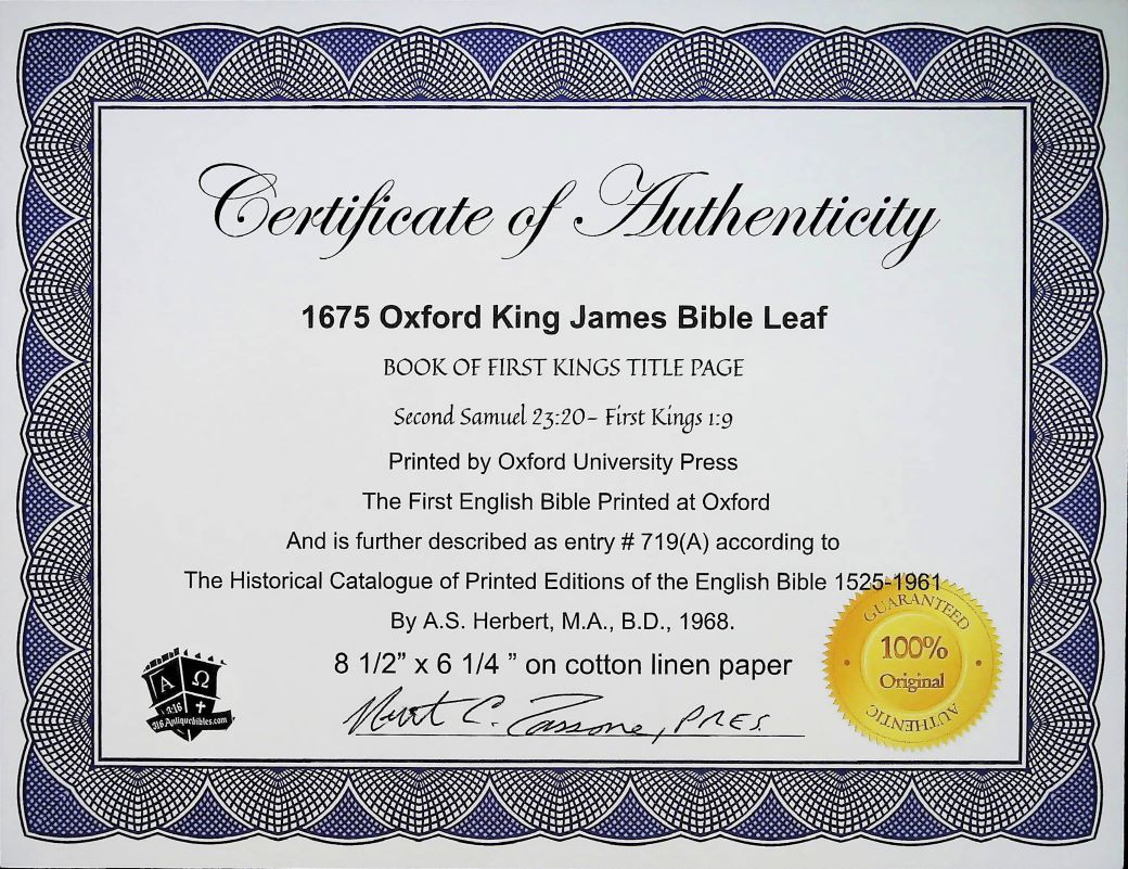 1675 FIRST OXFORD EDITION KING JAMES BIBLE FRAMED TITLE PAGE, BOOK of FIRST KINGS - Image 4