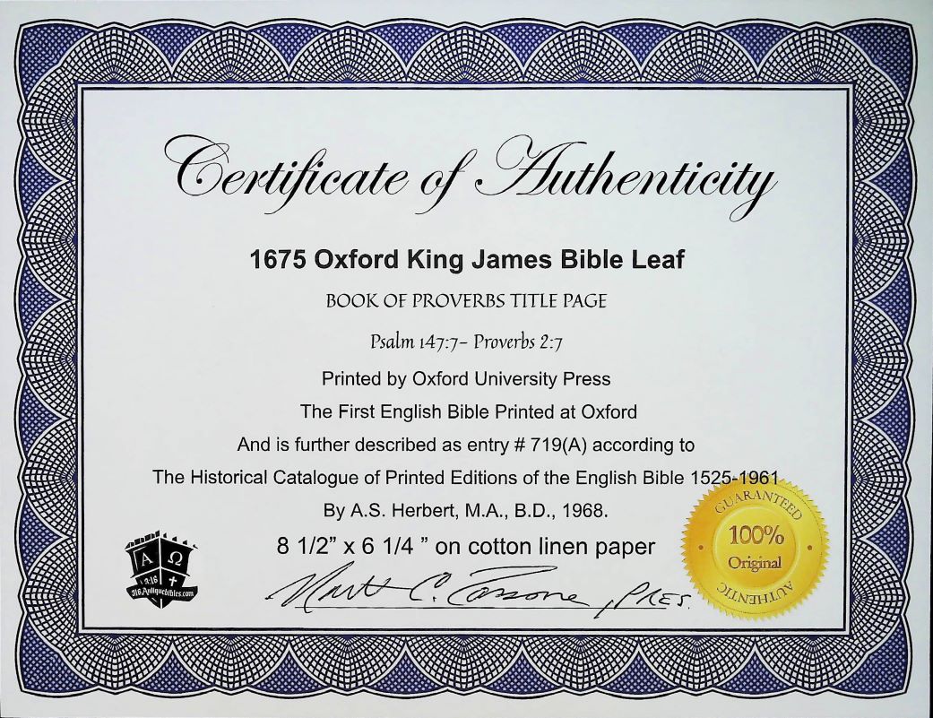 1675 FIRST OXFORD EDITION KING JAMES BIBLE FRAMED TITLE PAGE, BOOK of PROVERBS- The Fear of the Lord - Image 4