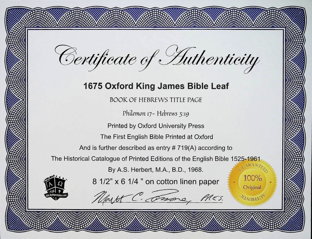 1675 FIRST OXFORD EDITION KING JAMES BIBLE FRAMED TITLE PAGE, BOOK of HEBREWS- Thy Throne O God is for ever and ever - Image 4