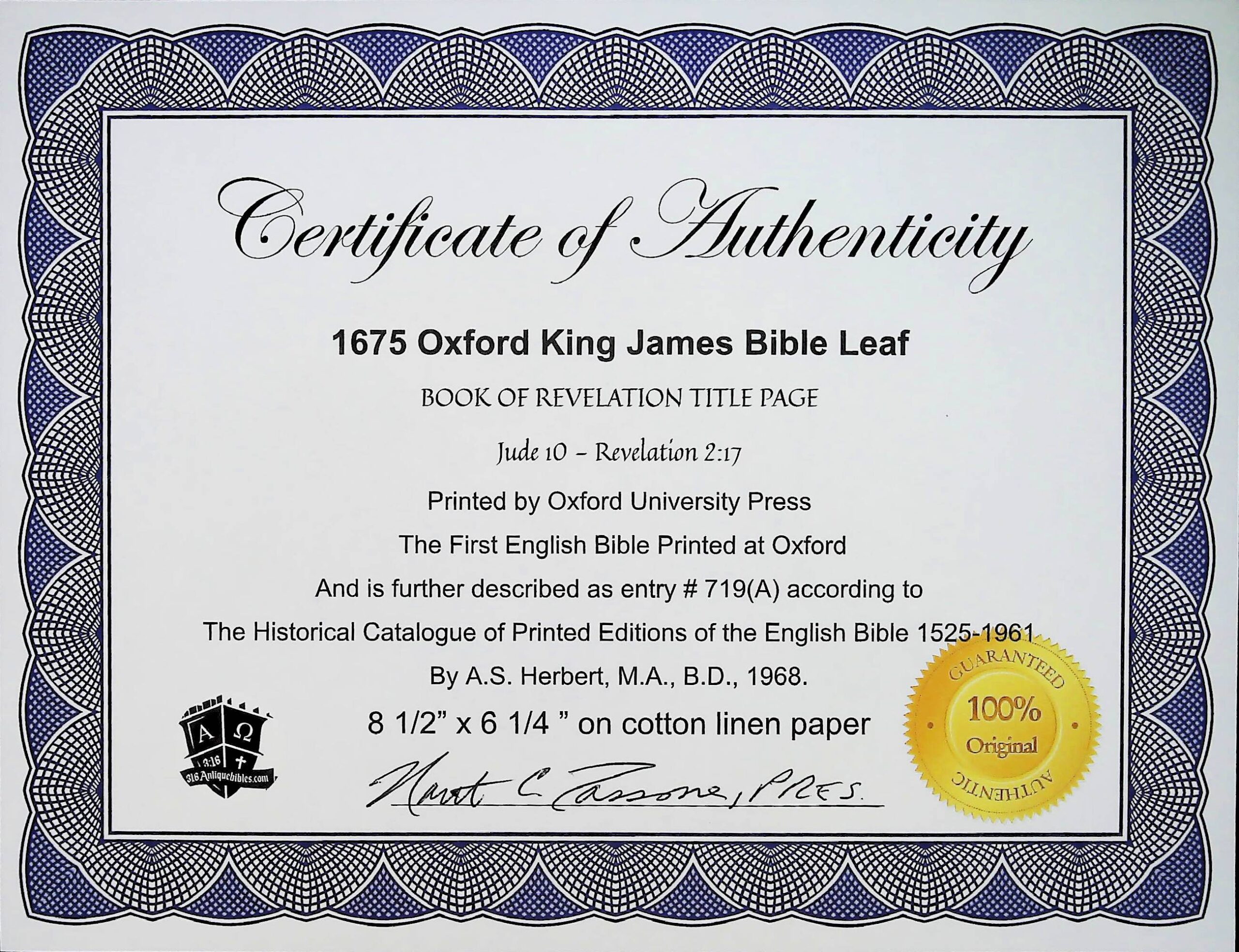 1675 FIRST OXFORD EDITION KING JAMES BIBLE FRAMED TITLE PAGE, BOOK of REVELATION - Alpha and Omega - Image 4