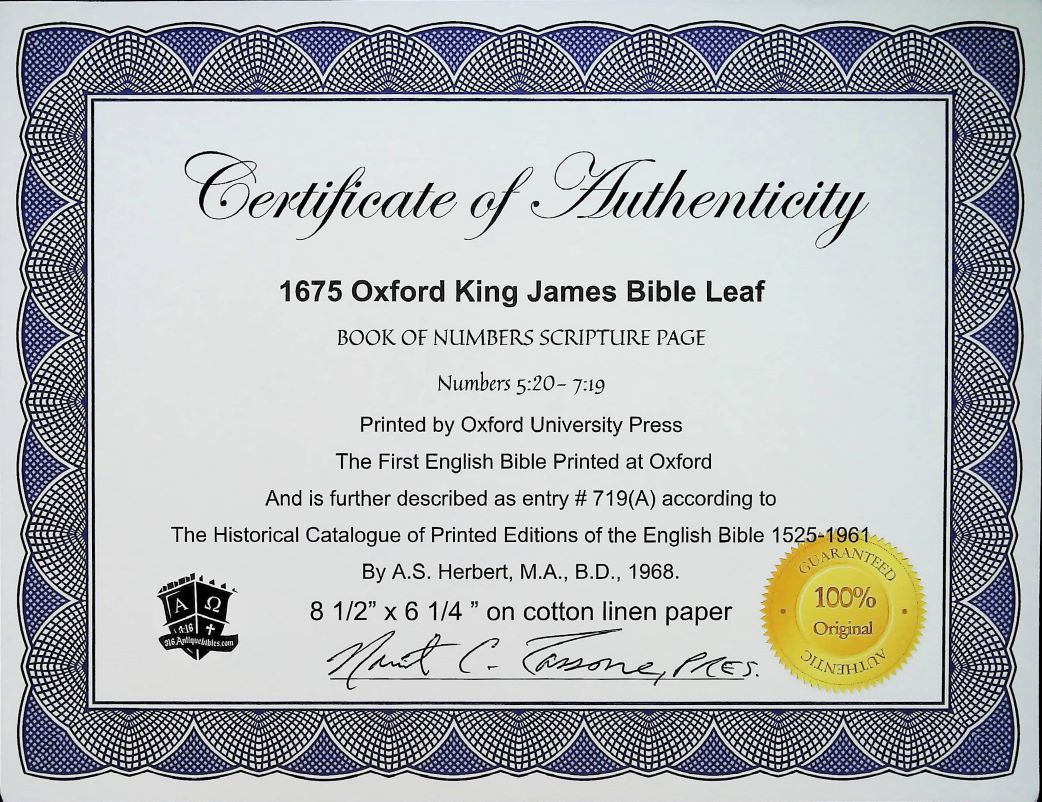 1675 FIRST OXFORD EDITION KING JAMES BIBLE FRAMED LEAF, BOOK of NUMBERS 5-7, The Lord Bless Thee & Keep Thee - Image 5