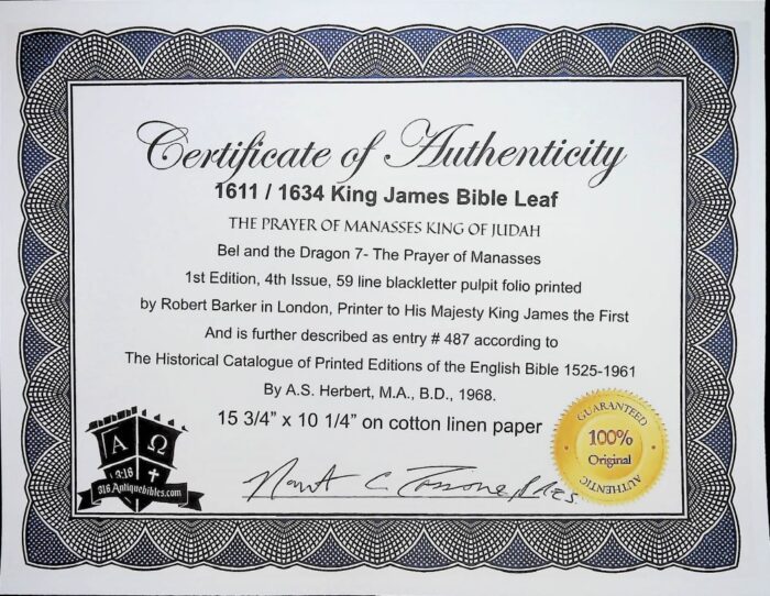 1611 KING JAMES BIBLE FRAMED LEAF- THE PRAYER OF MANASSES APOCRYPHA PAGE - Image 7