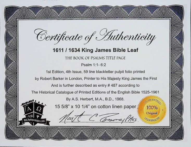 1611 KING JAMES BIBLE FRAMED LEAF- THE BOOK OF PSALMS TITLE PAGE 1634 - Image 4